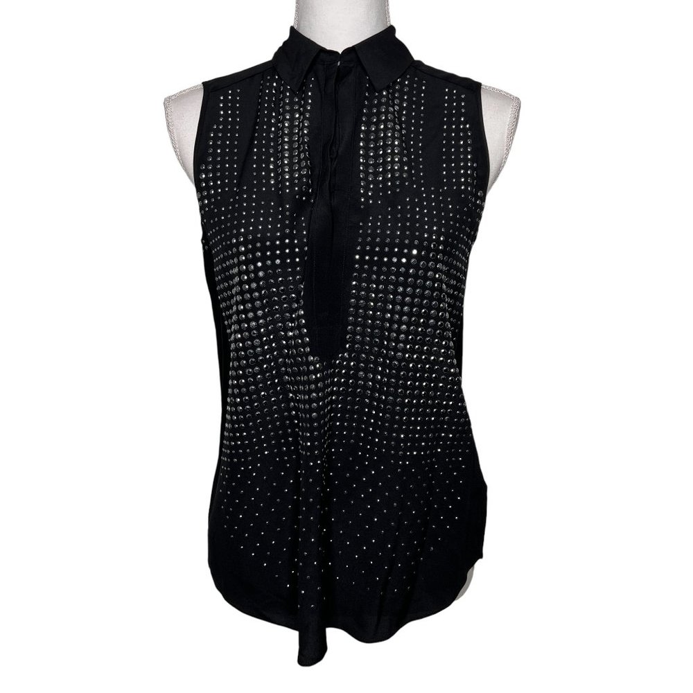NWOT Rebecca Taylor Sleeveless Crystal 100% Silk Top Black Silver Size 0